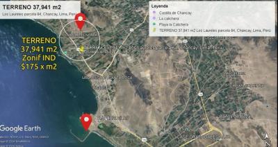 Terreno saneado de 37,941 m² a $175.00 por m2 con zonificación industrial en plena Panamericana Norte a 3 minutos del óvalo de Chancay