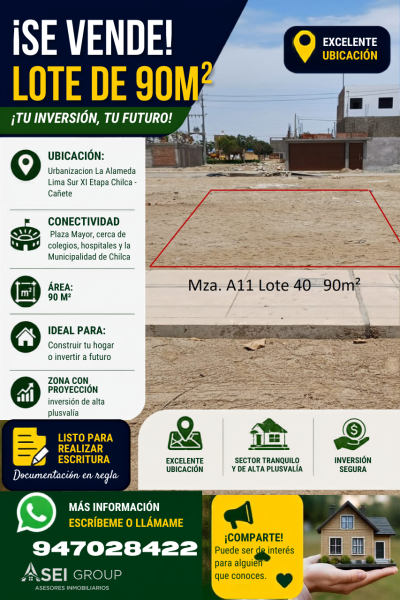 Lote de 90m² en Venta Ubicado en La Alameda Lima Sur XI Etapa en Chilca